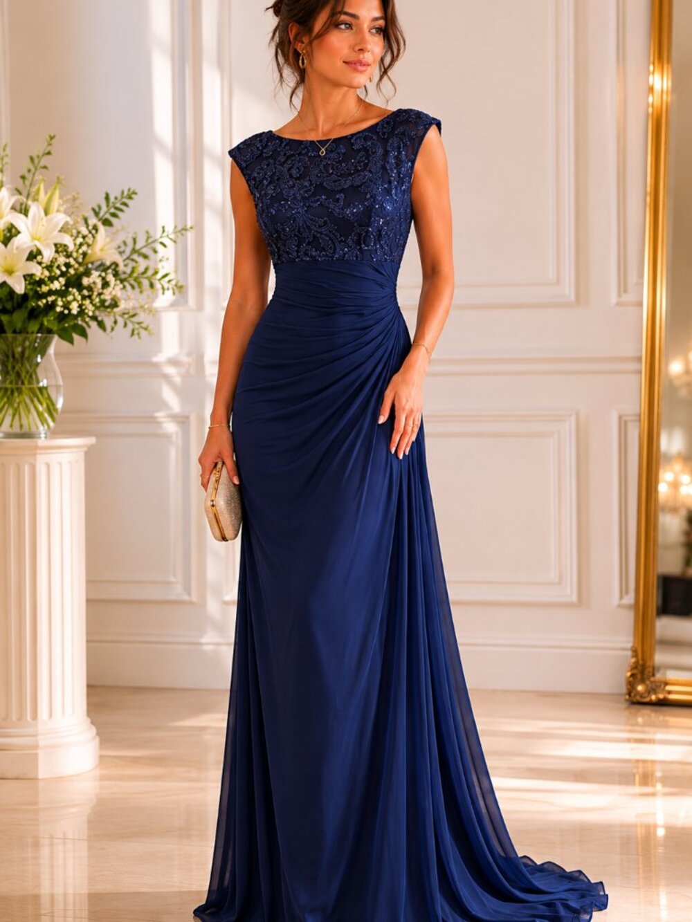 Alex Evenings Navy Blue Lace Bodice Maxi Gown